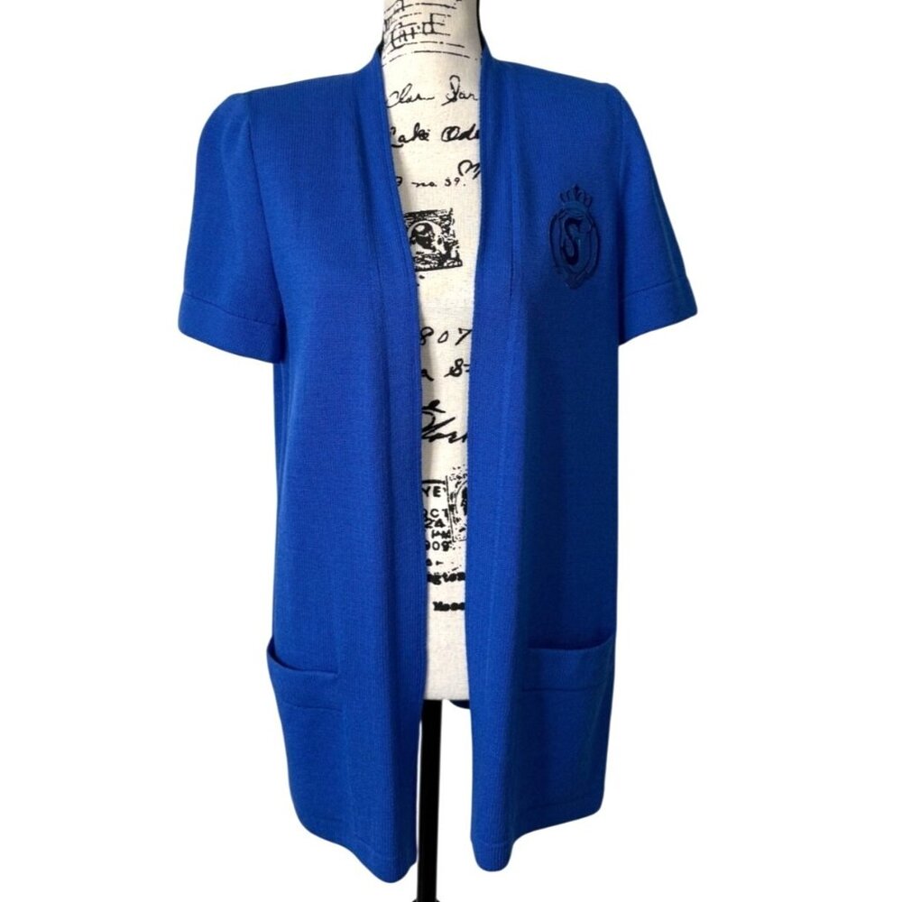 St. John Collection Blue Short Sleeve Cardigan Jacket Santana Knit SJ Size S